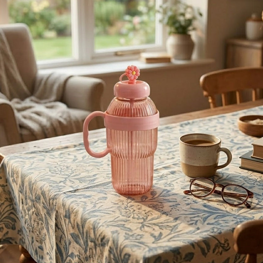 800ml Aesthetic Plastic Water Bottle with Handle & Flower Lid