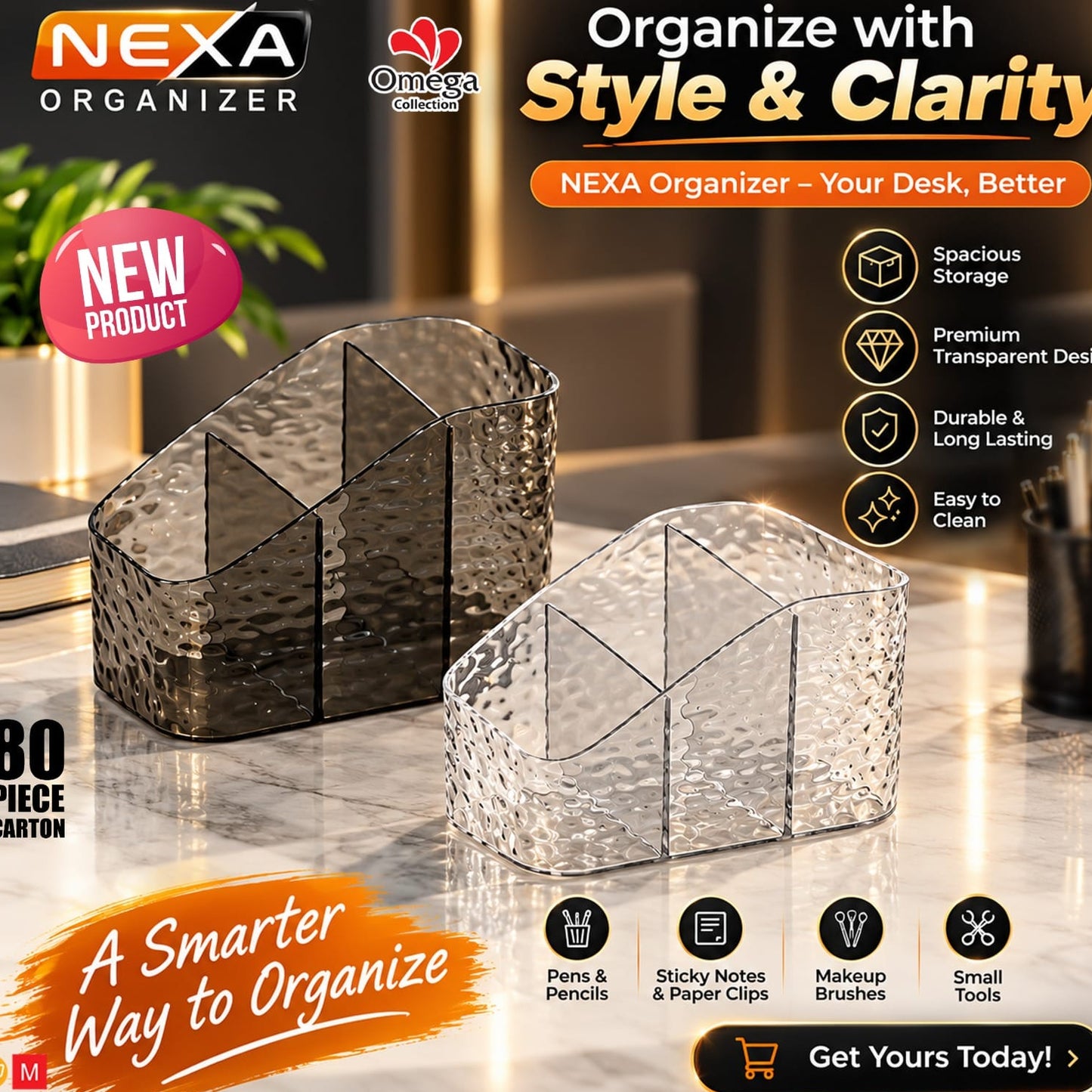 NEXA Transparent Multi-Compartment Desktop & Stationery Organizer