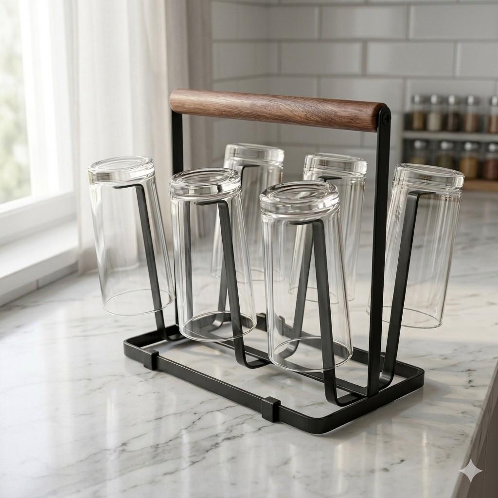 Glass Stand with Stylish Wooden Touch – Kitchen & Home Organizer Rack