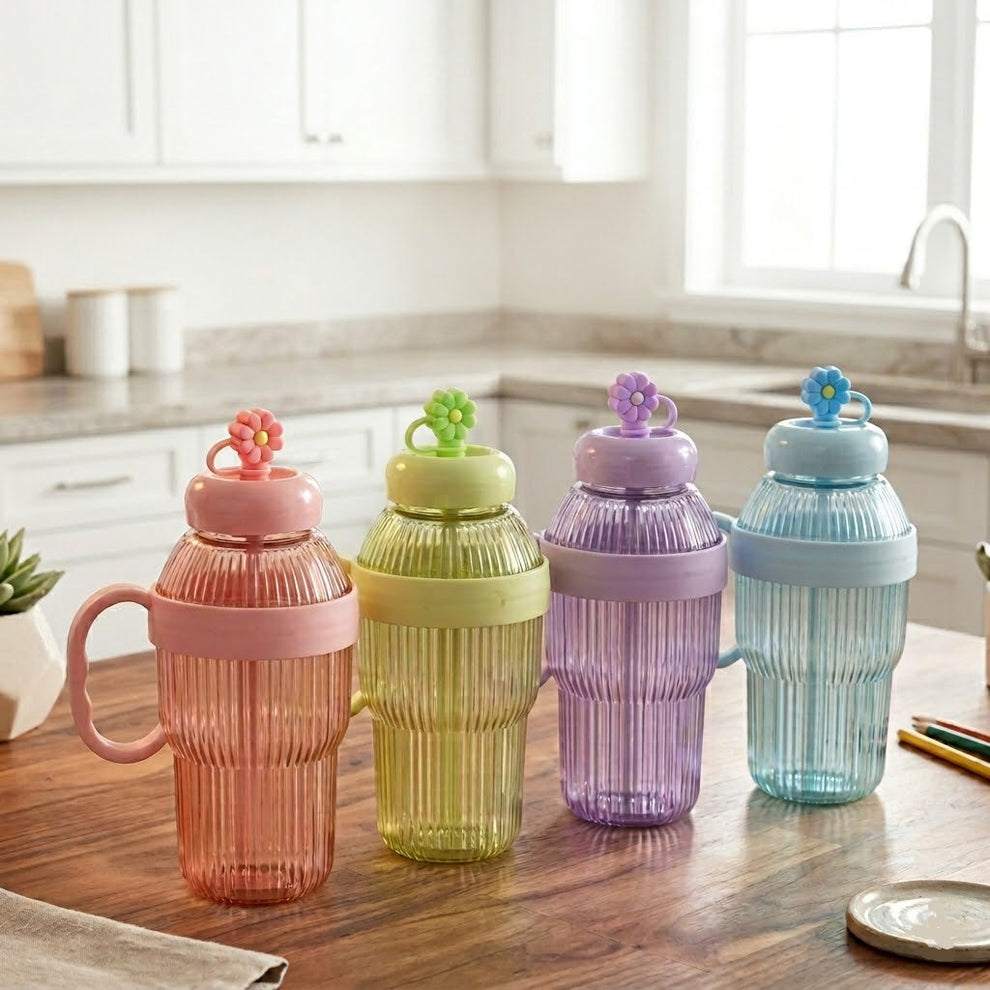 800ml Aesthetic Plastic Water Bottle with Handle & Flower Lid